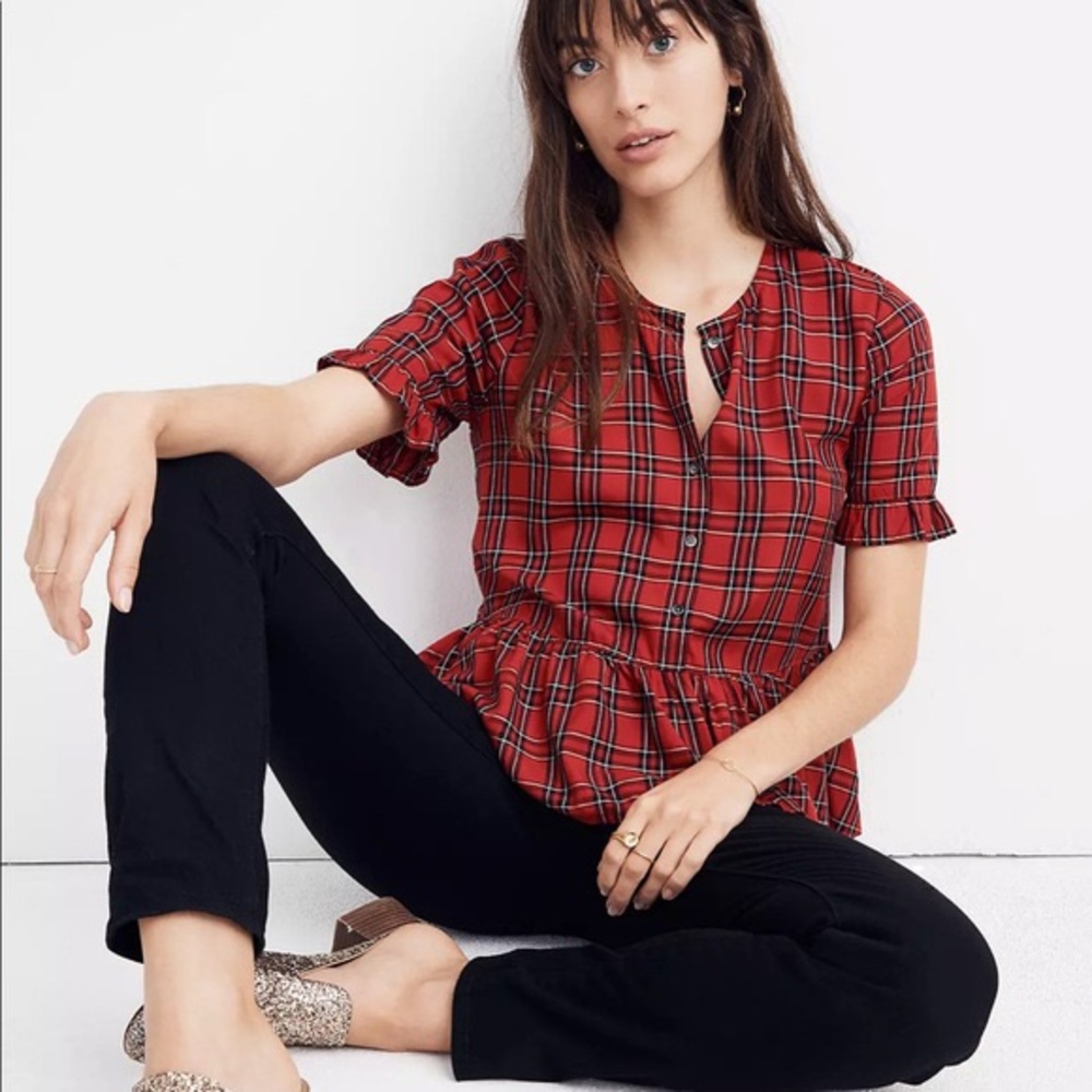 Madewell Studio Ruffle-Hem Top in Clanton Plaid | M